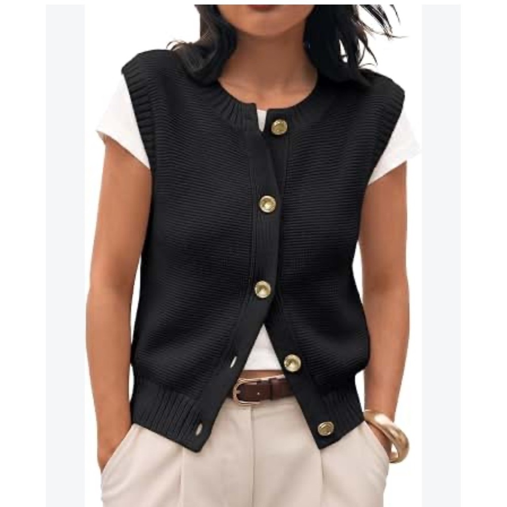 Trendy Queen Black Knit Button Down Sweater Vest Gold Buttons Preppy Medium